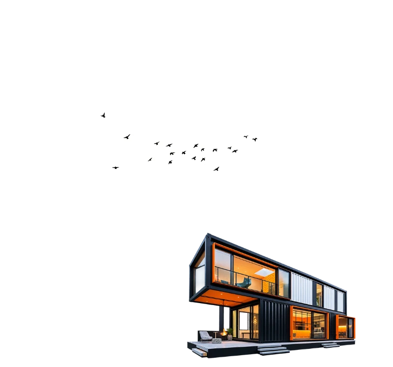 Two-storey modular container home with a flock of birds flying overhead.