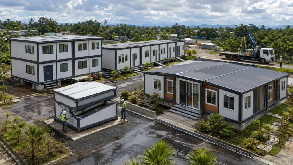 Aerial view of a modular container housing complex under installation in a tropical setting.